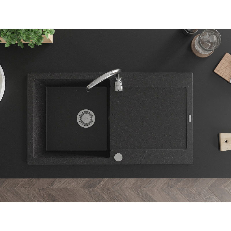 Mexen Leo granite sink 1-bowl with drainer and kitchen tap Telma, black/silver metallic - 6501-73-670200-00