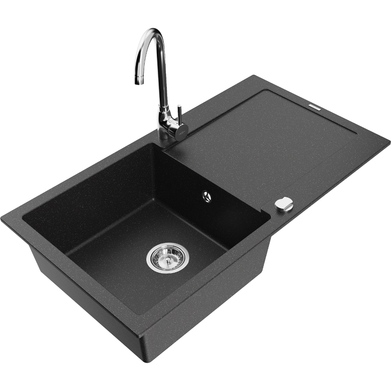 Mexen Leo granite sink 1-bowl with drainer and kitchen faucet Telma, black/silver metallic - 6501-73-670200-00