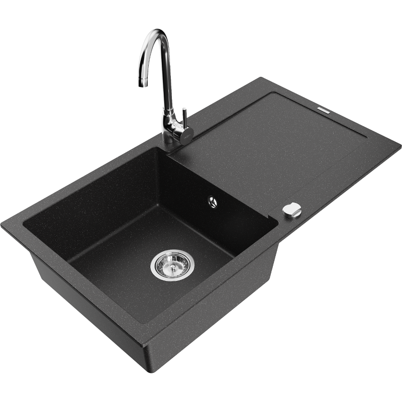 Mexen Leo granite sink 1-bowl with drainer and kitchen tap Telma, black/silver metallic - 6501-73-670200-00