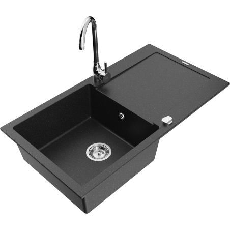 Mexen Leo 1-compartment granite sink with a drip tray and kitchen mixer tap Telma, Black/Silver metalik - 6501-73-670200-00