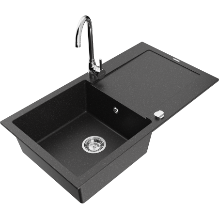 Mexen Leo granite sink 1-bowl with drainer and kitchen tap Telma, black/silver metallic - 6501-73-670200-00