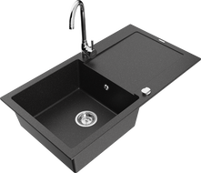 Mexen Leo granite sink 1-bowl with drainer and kitchen faucet Telma, black/silver metallic - 6501-73-670200-00