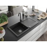 Mexen Leo granite kitchen sink 1-bowl with drainer and kitchen faucet Telma, black/silver metallic - 6501-73-670200-70