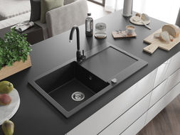 Mexen Leo granite kitchen sink 1-bowl with drainer and kitchen faucet Telma, black/silver metallic - 6501-73-670200-70