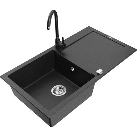 Mexen Leo granite kitchen sink 1-bowl with drainer and kitchen faucet Telma, black/silver metallic - 6501-73-670200-70