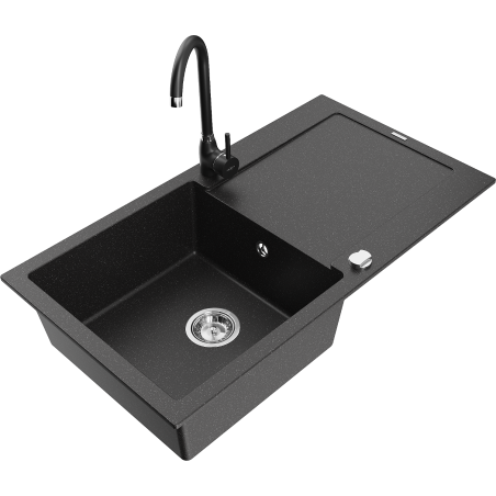 Mexen Leo granite sink 1-bowl with drainer and Telma kitchen tap, black/silver metallic - 6501-73-670200-70