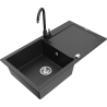 Mexen Leo granite sink 1-bowl with drainer and Telma kitchen tap, black/silver metallic - 6501-73-670200-70