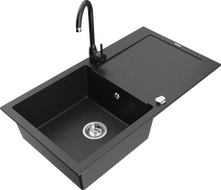 Mexen Leo granite kitchen sink 1-bowl with drainer and kitchen faucet Telma, black/silver metallic - 6501-73-670200-70