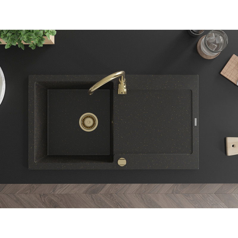 Mexen Leo granite kitchen sink with one bowl, drainer and Telma kitchen tap, black/gold metallic - 6501-75-670200-50