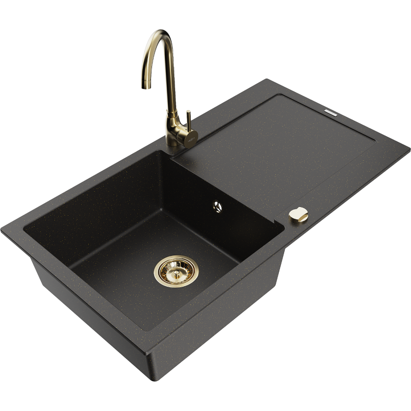 Mexen Leo 1-compartment granite sink with a drip tray and kitchen mixer tap Telma, Black/Metallic gold - 6501-75-670200-50