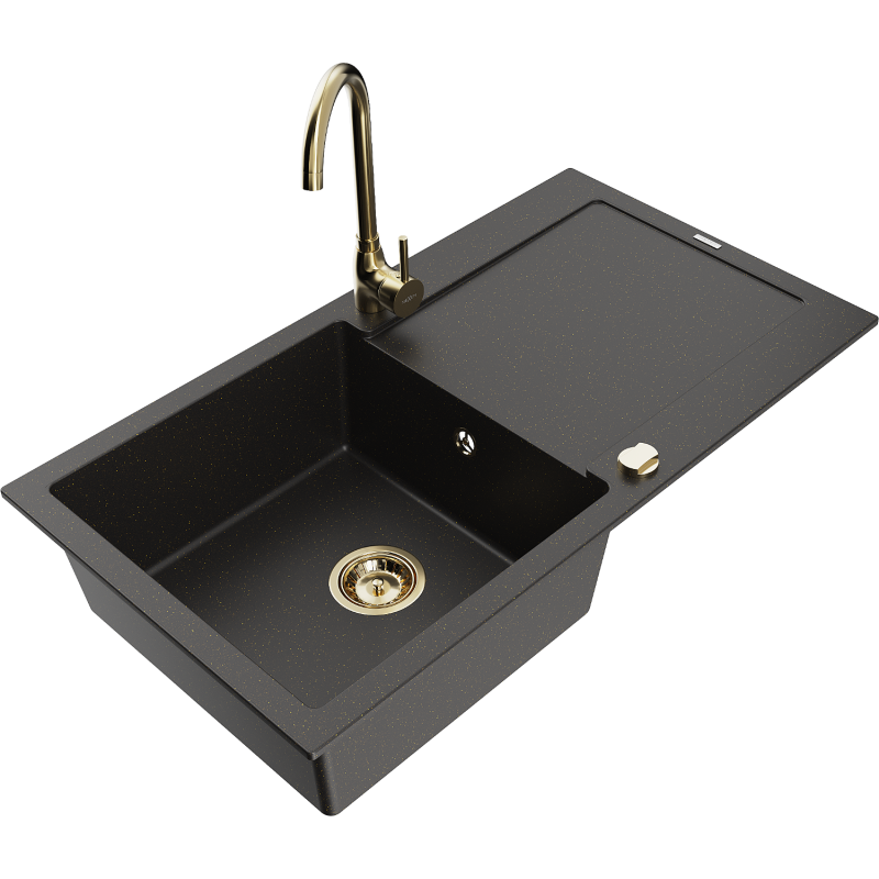 Mexen Leo granite kitchen sink with one bowl, drainer and Telma kitchen tap, black/gold metallic - 6501-75-670200-50