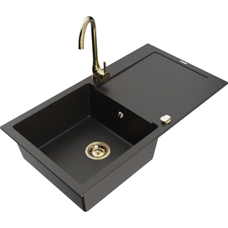 Mexen Leo granite sink with 1 bowl, drainer, and Telma kitchen faucet, black/gold metallic - 6501-75-670200-50