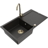 Mexen Leo granite kitchen sink with one bowl, drainer and Telma kitchen tap, black/gold metallic - 6501-75-670200-50