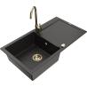 Mexen Leo granite sink with 1 bowl, drainer, and Telma kitchen faucet, black/gold metallic - 6501-75-670200-50