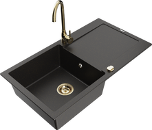 Mexen Leo granite sink with 1 bowl, drainer, and Telma kitchen faucet, black/gold metallic - 6501-75-670200-50