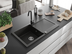 Mexen Leo 1-compartment granite sink with a drip tray and kitchen mixer tap Telma, Black/Metallic gold - 6501-75-670200-70