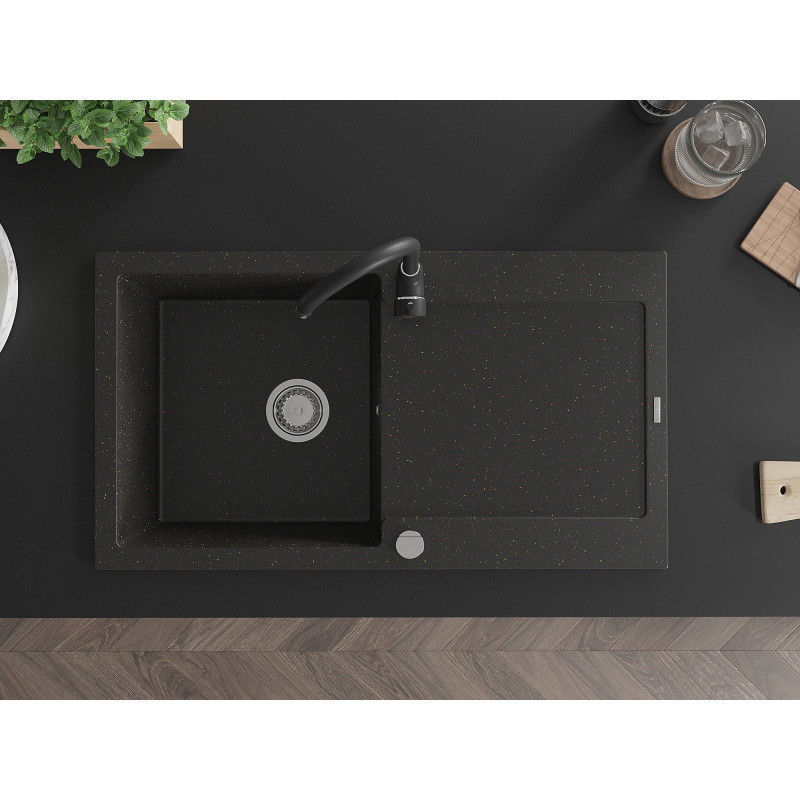 Mexen Leo granite kitchen sink with one basin, drainer, and Telma kitchen faucet, black/gold metallic - 6501-75-670200-70