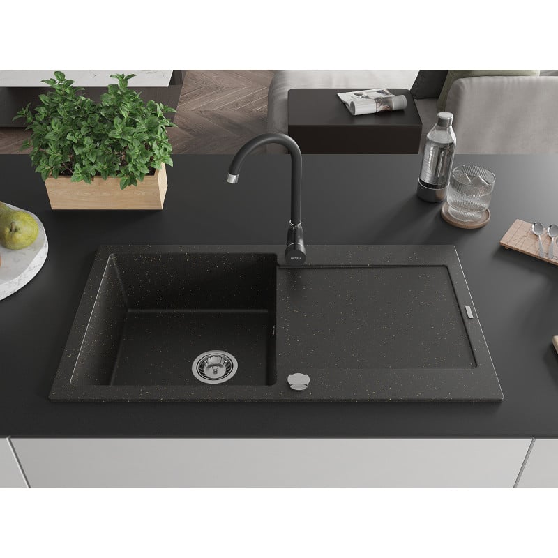 Mexen Leo granite kitchen sink with one basin, drainer, and Telma kitchen faucet, black/gold metallic - 6501-75-670200-70