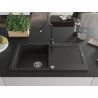 Mexen Leo granite kitchen sink with one basin, drainer, and Telma kitchen faucet, black/gold metallic - 6501-75-670200-70