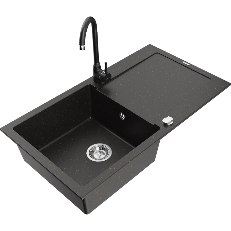 Mexen Leo granite kitchen sink with one basin, drainer, and Telma kitchen faucet, black/gold metallic - 6501-75-670200-70