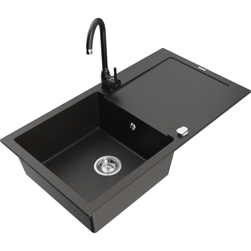 Mexen Leo Granite Sink 1-Bowl with Drainer and Telma Kitchen Faucet, Black/Gold Metallic - 6501-75-670200-70