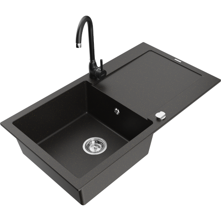 Mexen Leo 1-compartment granite sink with a drip tray and kitchen mixer tap Telma, Black/Metallic gold - 6501-75-670200-70