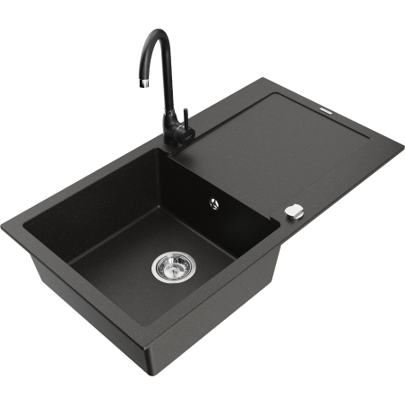 Mexen Leo granite kitchen sink with one basin, drainer, and Telma kitchen faucet, black/gold metallic - 6501-75-670200-70