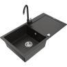 Mexen Leo granite kitchen sink with one basin, drainer, and Telma kitchen faucet, black/gold metallic - 6501-75-670200-70