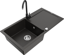 Mexen Leo granite kitchen sink with one basin, drainer, and Telma kitchen faucet, black/gold metallic - 6501-75-670200-70
