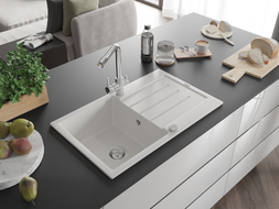 Mexen Bruno granite kitchen sink 1-bowl with drainer and Duero kitchen faucet, white - 6513-20-671600-00