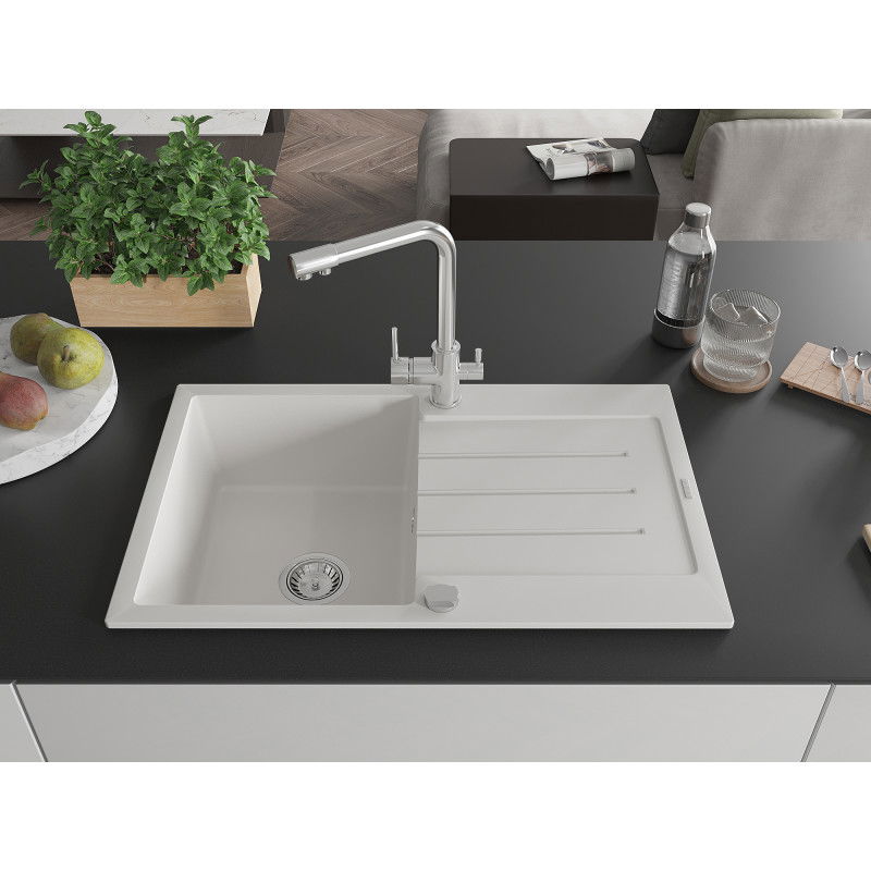 Mexen Bruno 1-bowl granite sink with drainer and Duero kitchen tap, white - 6513-20-671600-00