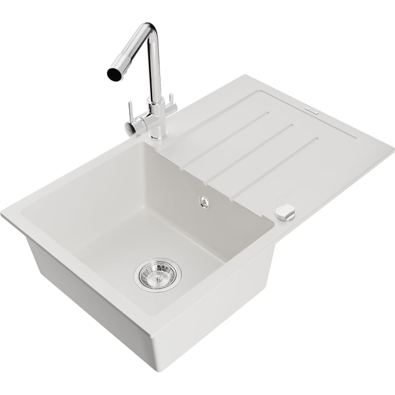 Mexen Bruno 1-bowl granite sink with drainer and kitchen faucet Duero, white - 6513-20-671600-00