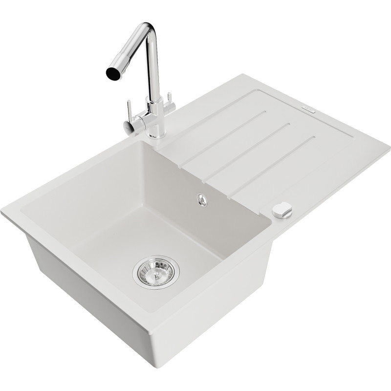 Mexen Bruno granite kitchen sink 1-bowl with drainer and Duero kitchen faucet, white - 6513-20-671600-00