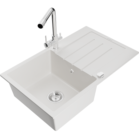 Mexen Bruno 1-bowl granite sink with drainer and kitchen faucet Duero, white - 6513-20-671600-00
