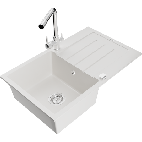 Mexen Bruno granite kitchen sink 1-bowl with drainer and Duero kitchen faucet, white - 6513-20-671600-00