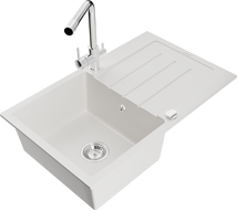 Mexen Bruno granite kitchen sink 1-bowl with drainer and Duero kitchen faucet, white - 6513-20-671600-00