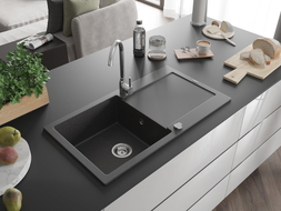 Mexen Leo granite sink 1-bowl with drainer and kitchen faucet Telma, speckled black - 6501-76-670200-00