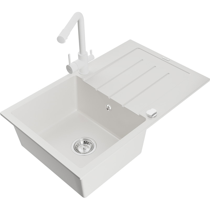 Mexen Bruno 1-bowl granite sink with drainer and Duero kitchen faucet, white - 6513-20-671600-20