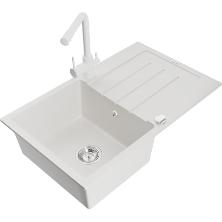 Mexen Bruno 1-bowl granite sink with drainer and Duero kitchen faucet, white - 6513-20-671600-20