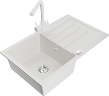 Mexen Bruno 1-bowl granite sink with drainer and Duero kitchen faucet, white - 6513-20-671600-20