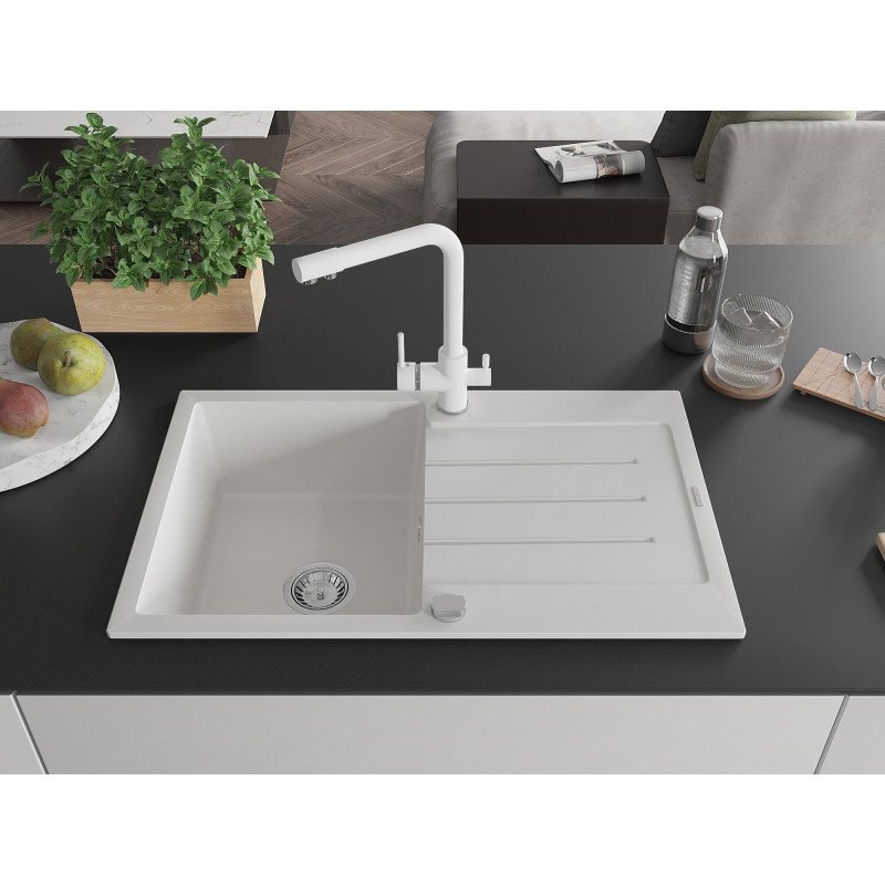 Mexen Bruno 1-bowl granite sink with drainer and Duero kitchen faucet, white - 6513-20-671600-20