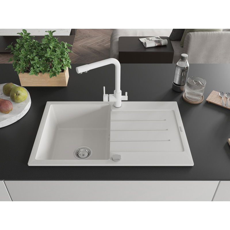 Mexen Bruno 1-bowl granite sink with drainer and Duero kitchen tap, white - 6513-20-671600-20