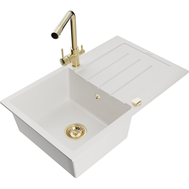 Mexen Bruno 1-bowl granite sink with drainer and Duero kitchen faucet, white - 6513-20-671600-50
