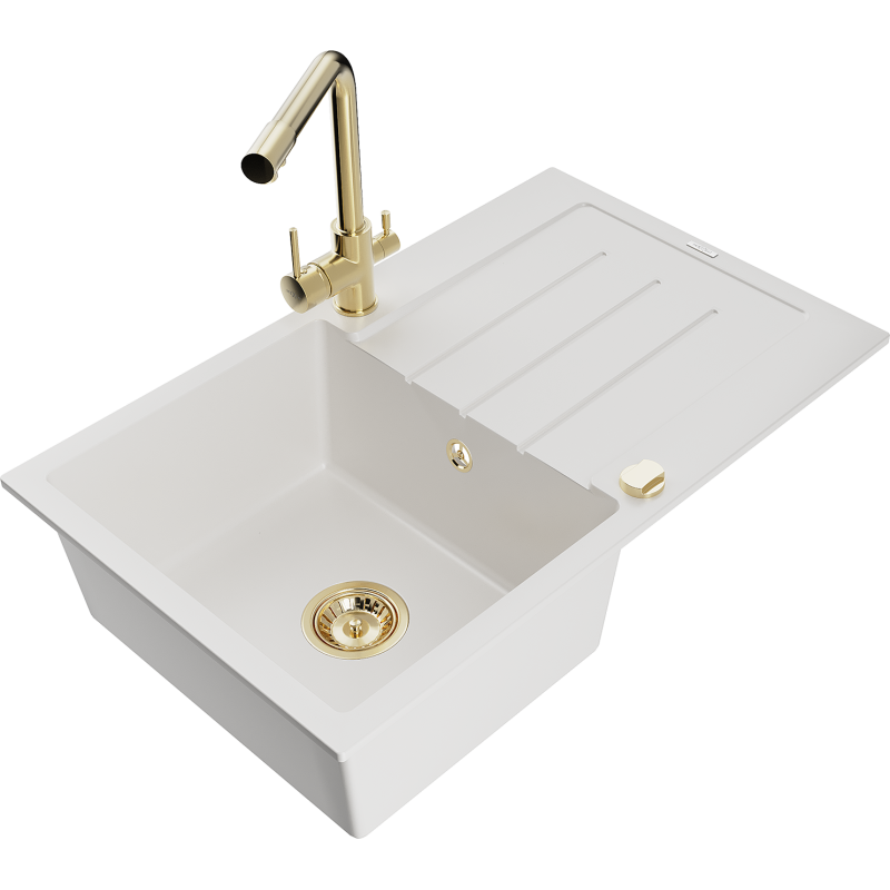 Mexen Bruno granite sink 1-bowl with drainer and Duero kitchen tap, white - 6513-20-671600-50