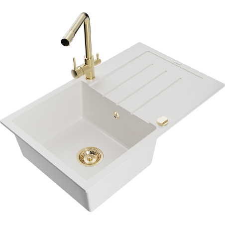 Mexen Bruno 1-bowl granite sink with drainer and Duero kitchen faucet, white - 6513-20-671600-50