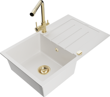 Mexen Bruno 1-bowl granite sink with drainer and Duero kitchen faucet, white - 6513-20-671600-50