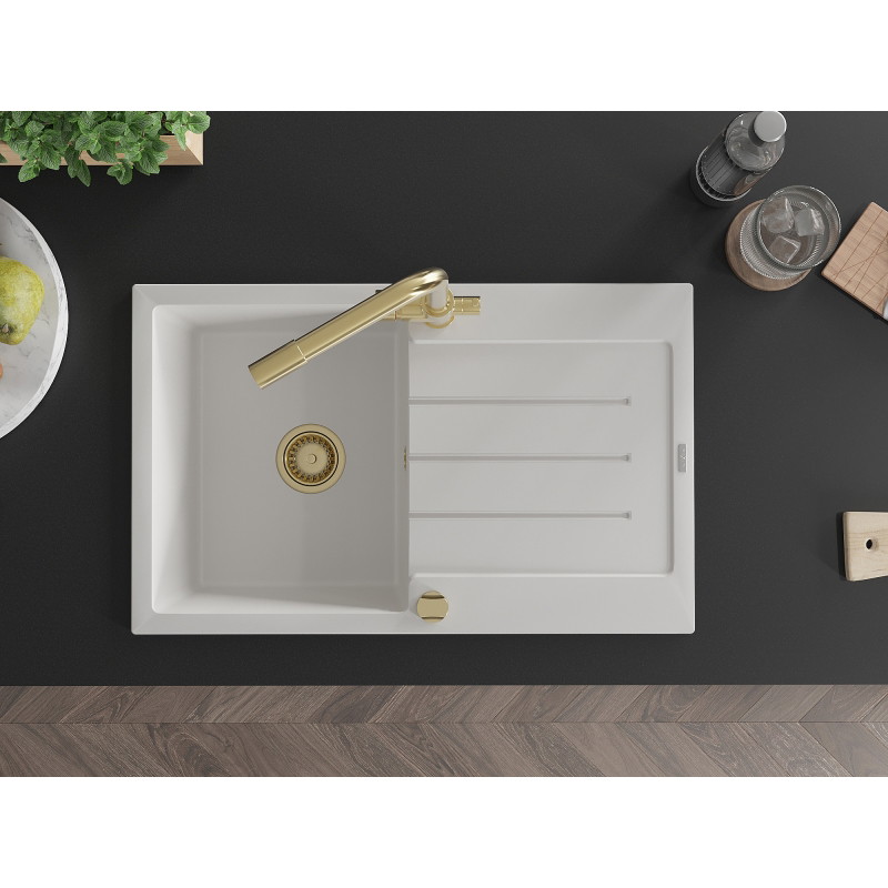 Mexen Bruno 1-bowl granite sink with drainer and Duero kitchen faucet, white - 6513-20-671600-50