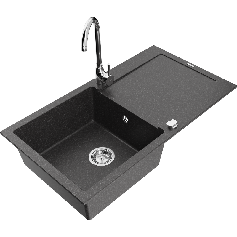 Mexen Leo granite sink 1-bowl with drainer and kitchen faucet Telma, speckled black - 6501-76-670200-00