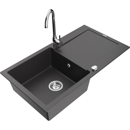 Mexen Leo 1-compartment granite sink with a drip tray and kitchen mixer tap Telma, Spotted black - 6501-76-670200-00