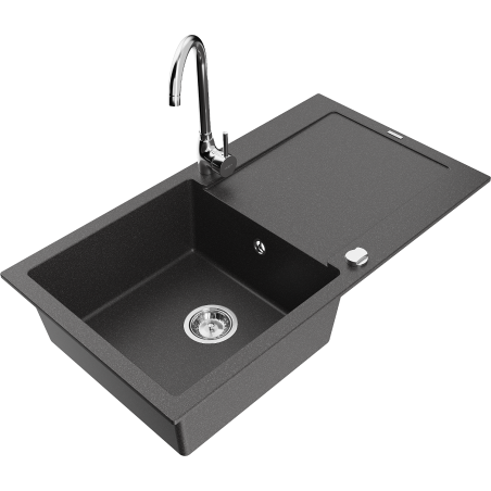 Mexen Leo granite sink 1-bowl with drainer and kitchen faucet Telma, speckled black - 6501-76-670200-00